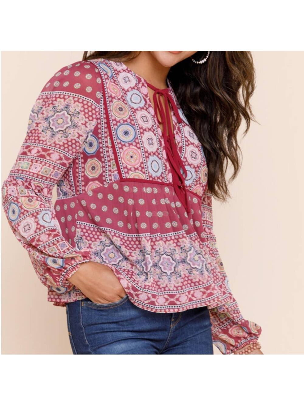 Francesca’s | Blue Rain NWT Luna Medallion Print Babydoll Cropped Blouse